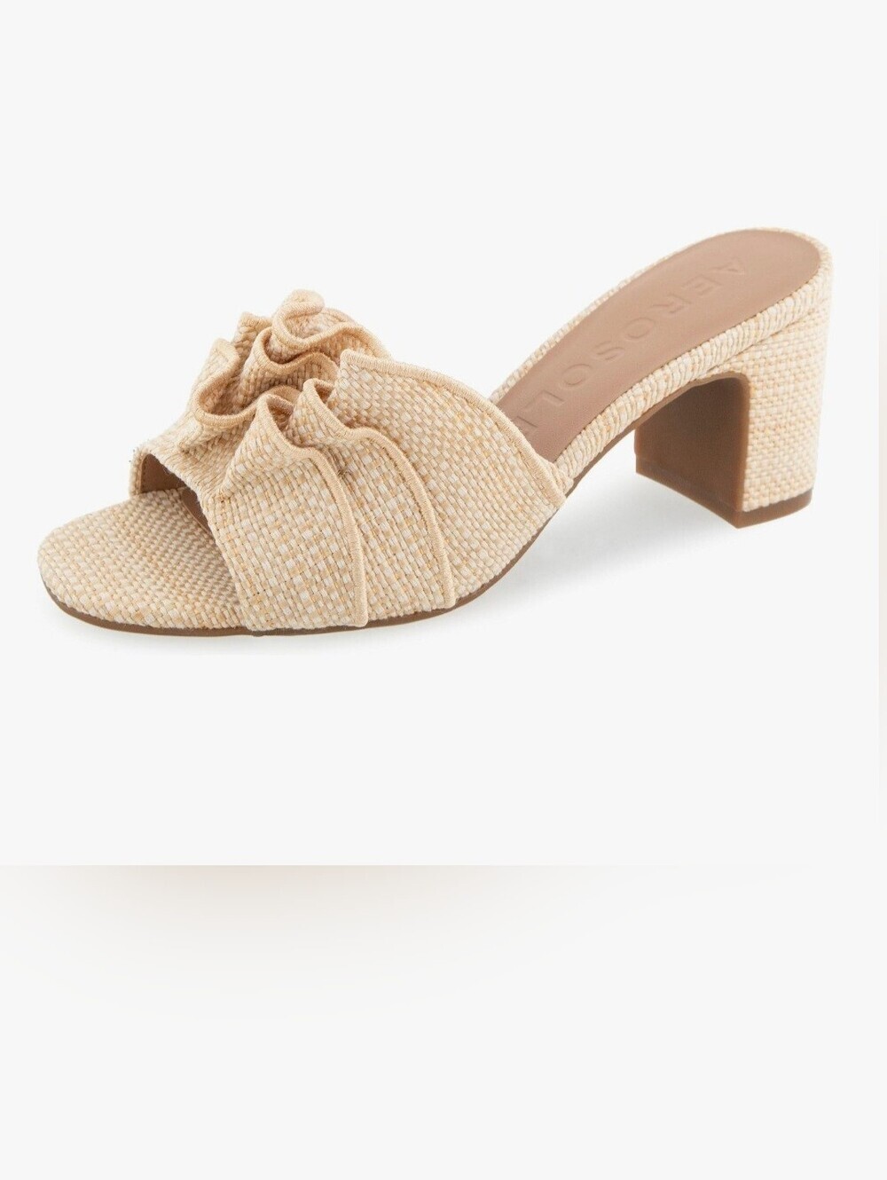 AEROSOLES "Gabrielle" Heeled Neutral Beige Ruffle Slides - Picture 2 of 8